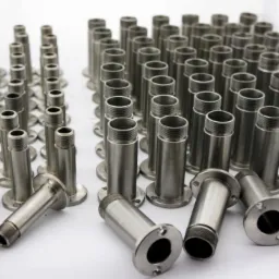 Precyzyjnie wykonane, metalowe tuleje z gwintem i kołnierzem, ułożone rzędami na białym tle, ukazujące dokładność obróbki CNC i tokarskiej.