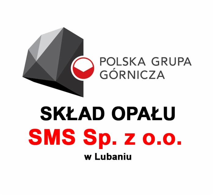 Logo składu opału SMS Sp. z o.o. w Lubaniu, z symbolem bryły węgla i napisem Polska Grupa Górnicza.