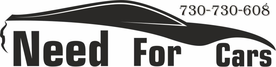 Czarno-białe logo wypożyczalni samochodów 'Need For Cars' z sylwetką auta i numerem telefonu 730-730-608. Minimalistyczny design.