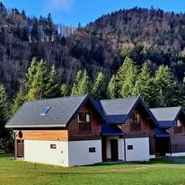 Szereg identycznych, nowoczesnych domków jednorodzinnych z ciemnoszarą dachówką, drewnianą elewacją na górze i białą na dole, na tle zielonego trawnika i zalesionych gór.