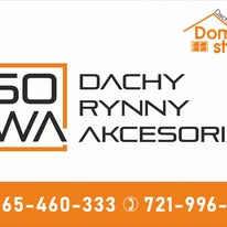 Grafika reklamowa prezentująca ofertę firmy: dachy, orynnowanie i akcesoria, z wyraźnym logo w prawym górnym rogu i danymi kontaktowymi na dole.