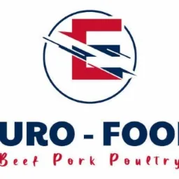 Logo Euro-Food: Stylizowana litera E w kolorach czerwonym i granatowym, otoczona granatowym okręgiem z dynamicznymi cięciami, nad napisem EURO-FOOD oraz hasłem Beef Pork Poultry.