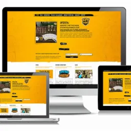 Responsywna strona internetowa w kolorze żółtym, wyświetlona na monitorze, laptopie, tablecie i smartfonie, prezentująca ofertę sportowych zajęć dla dzieci.