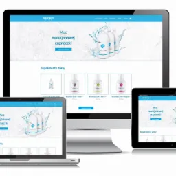 Responsywny układ sklepu internetowego 'Krzemowy Sklep' prezentowany na monitorze, laptopie, tablecie i smartfonie, z widocznym logo i ofertą suplementów diety.