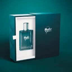 Flakon perfum 'Mystic' w otwartym, eleganckim, turkusowym pudełku. Minimalistyczny design, czcionka w stylu retro, subtelne oświetlenie.