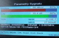 Ekran analizatora sygnału z parametrami odbioru, w tym poziom sygnału 88 dBuV, C/N 35.4 dB i MER 27.569dB.