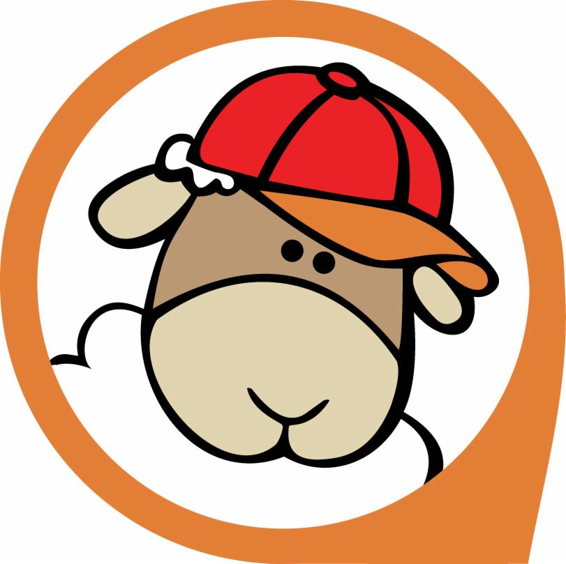 Kreskówkowa owca w czerwonej czapce z daszkiem, umieszczona w pomarańczowym okręgu, stylizowana na logo.