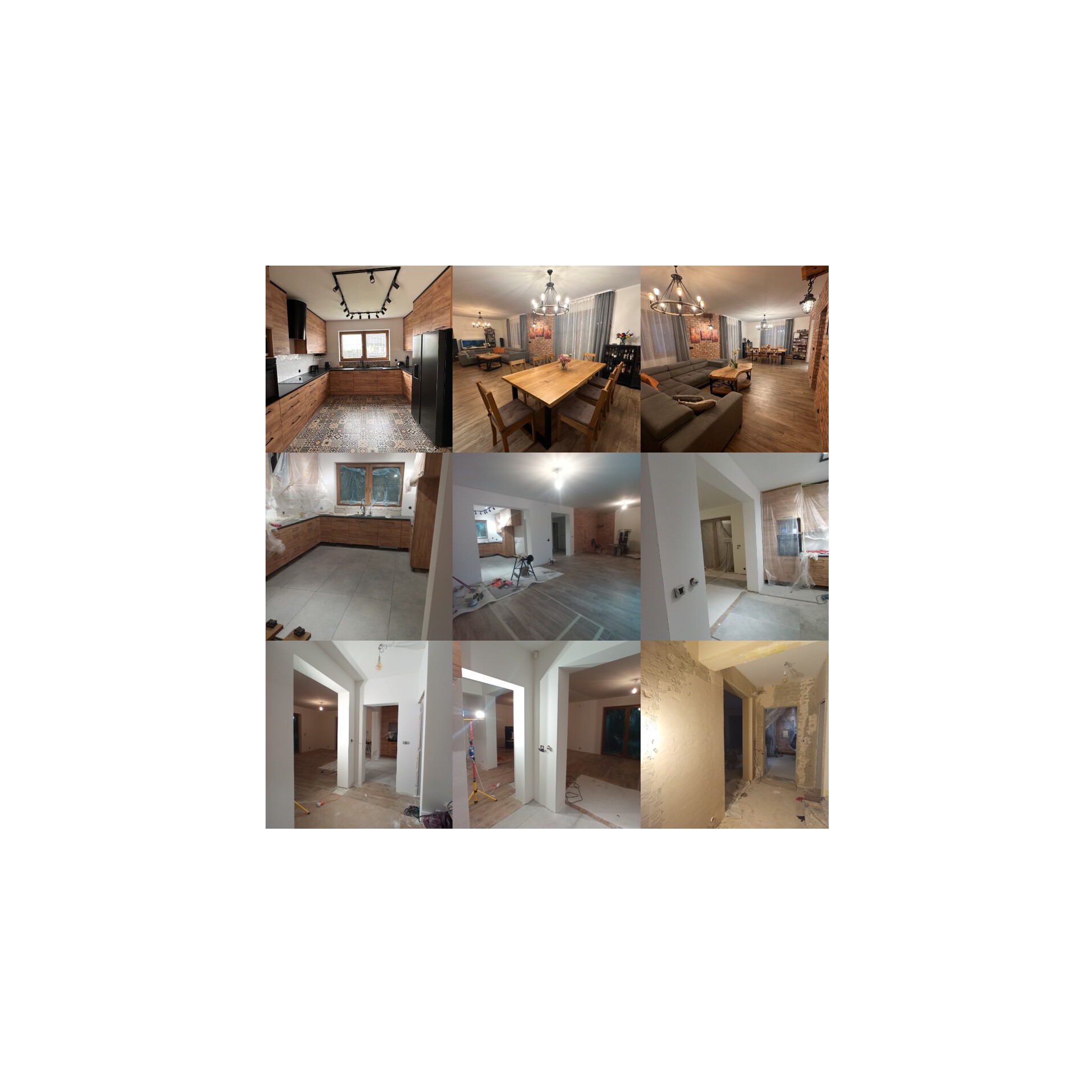 Kolaż przedstawiający różne etapy prac w mieszkaniu: wykończona kuchnia z drewnianymi szafkami i wzorzystą podłogą, salon z jadalnią, stan surowy z widocznymi instalacjami i przygotowaniem...