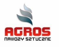 Logo firmy AGROS z napisem 'Nawozy Sztuczne' w czerwono-czarnej kolorystyce, nad napisem stylizowany symbol trzech płomieni w odcieniach szarości.