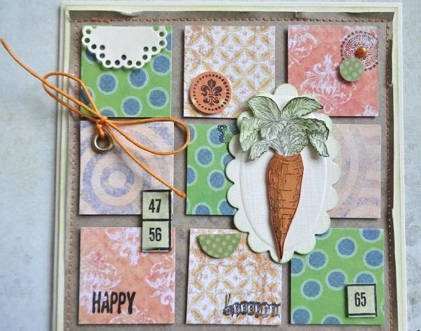 Ręcznie robiona kartka okolicznościowa z motywem marchewki i napisem 'Happy', w pastelowych kolorach, z elementami scrapbookingu i sznurkiem.