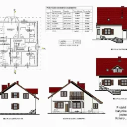 Rzut poddasza z zestawieniem powierzchni, elewacje budynku mieszkalnego jednorodzinnego z projektem indywidualnym w Konarach, gm. Mogilany, ukazujące elewacje wschodnią, zachodnią, północną...