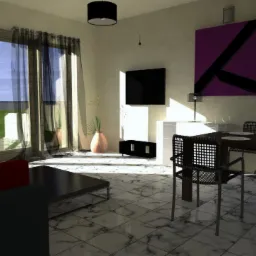 Wizualizacja wnętrza salonu z jadalnią: nowoczesny design z marmurową podłogą, dużymi oknami z widokiem na zieleń, minimalistycznym oświetleniem i elementami dekoracyjnymi, takimi jak abstrakcyjny...