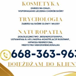 Grafika reklamowa gabinetu oferującego kosmetykę, trychologię i naturopatię, z numerem telefonu i informacją o dojeździe do klienta.