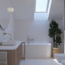 Jasna łazienka z owalnym lustrem, białą armaturą, drewnianą szafką pod umywalką i rośliną w drewnianej osłonce.