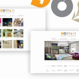 Dwa ekrany prezentujące stronę internetową galerii wnętrz Dobra 11, z ofertą tkanin, mebli i dekoracji. Widoczne logo firmy i zakładki menu.