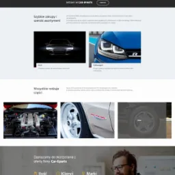 Strona internetowa firmy Car-Eparts z ofertą części samochodowych Audi i Volkswagena, prezentująca szybkie zakupy i szeroki asortyment, z widocznymi elementami interfejsu użytkownika i zdjęciami...