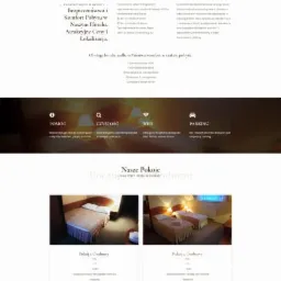 Widok strony internetowej hotelu z elementami nawigacyjnymi, informacjami o pokojach i udogodnieniach, w stonowanej kolorystyce.