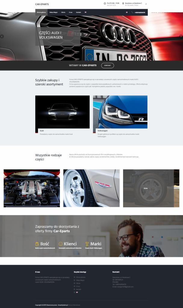 Strona internetowa firmy Car-Eparts z ofertą części samochodowych Audi i Volkswagena, prezentująca szybkie zakupy i szeroki asortyment, z widocznymi elementami interfejsu użytkownika i zdjęciami...
