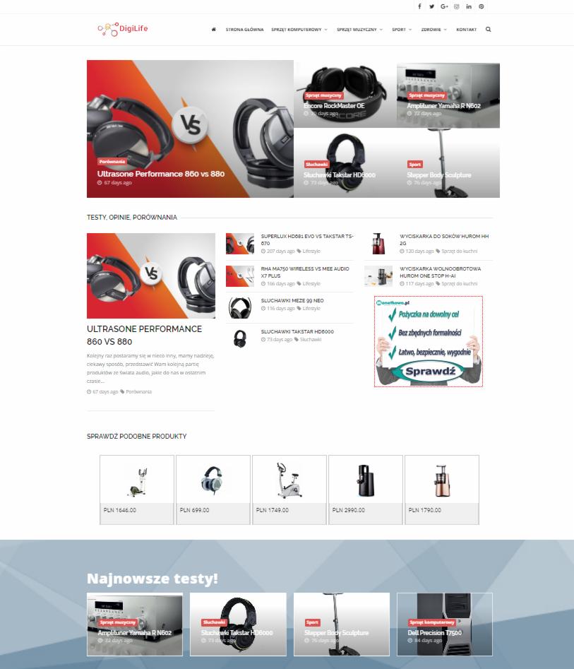 Strona internetowa z recenzjami i testami sprzętu audio, w tym słuchawek i amplitunerów, prezentująca porównania produktów i najnowsze testy.