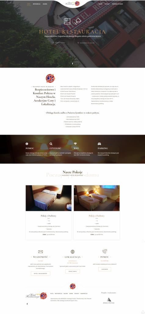 Widok strony internetowej hotelu z elementami nawigacyjnymi, informacjami o pokojach i udogodnieniach, w stonowanej kolorystyce.