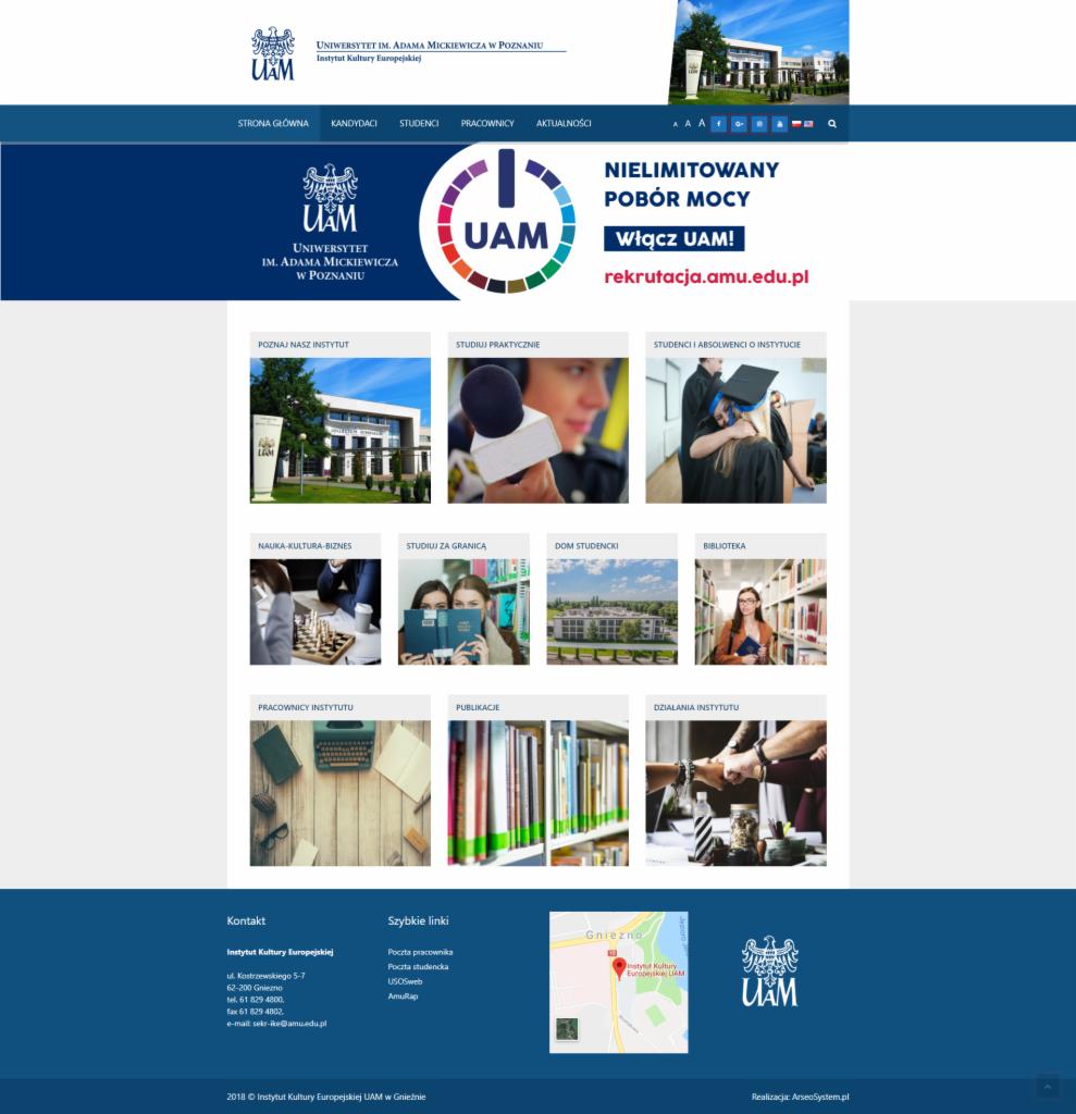 Strona główna witryny internetowej Uniwersytetu im. Adama Mickiewicza w Poznaniu, prezentująca logo, menu nawigacyjne, baner reklamowy rekrutacji oraz sekcje tematyczne z miniaturkami zdjęć.
