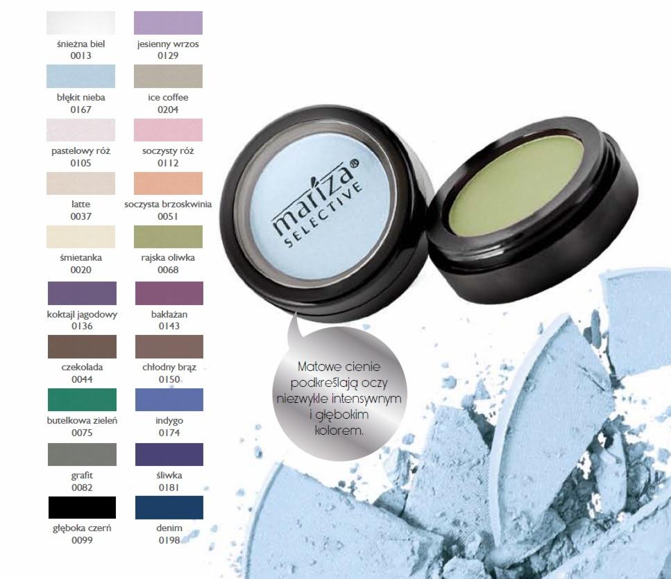 Paleta cieni do powiek Mariza Selective: matowe cienie w odcieniach błękitu i zieleni, z paletą kolorów i opisem podkreślającym intensywność barw.
