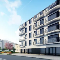 Wizualizacja nowoczesnego, wielopiętrowego budynku żelbetowego z balkonami o różnych kształtach balustrad, umieszczonego w miejskim otoczeniu z widocznym fragmentem ulicy i samochodem.