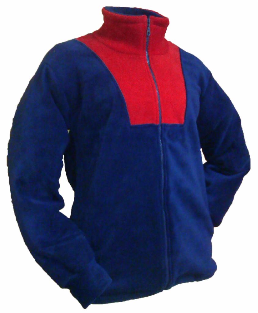 Bluza polarowa w kolorze granatowym z czerwonym karczkiem i stójką, zapinana na zamek błyskawiczny, na białym tle.