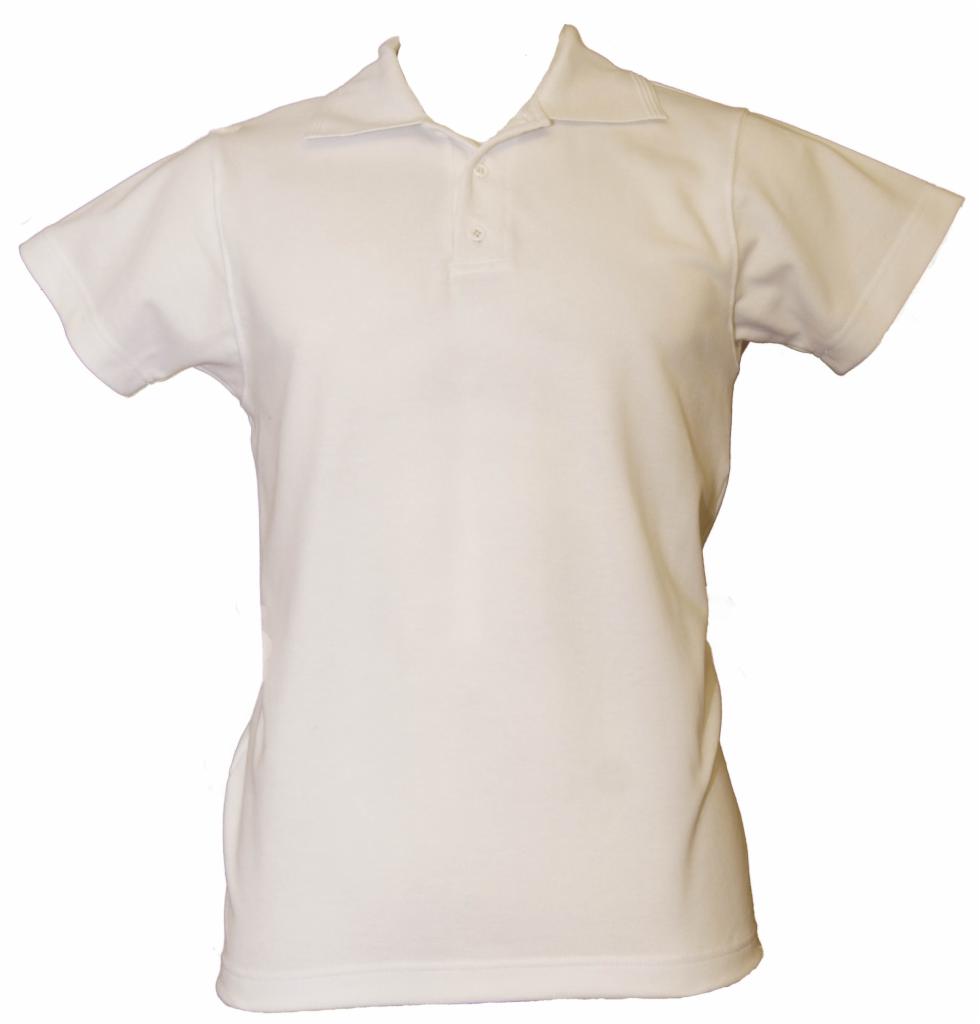 Prosta, biała koszulka polo z krótkim rękawem, widoczna na jednolitym, jasnym tle.