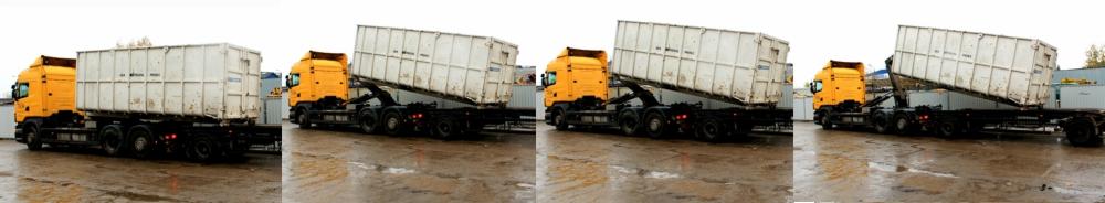 Żółta ciężarówka z kontenerem na podwoziu, podczas załadunku lub rozładunku na mokrym placu.