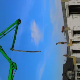 Wznoszenie ścian z betonu komórkowego; widoczna pompa do betonu, pracownicy na budowie, stos drewna i płyty OSB.