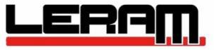 Czarno-czerwone logo firmy LERAM na białym tle. Nazwa firmy pisana dużymi, pogrubionymi literami, z czerwoną linią pod spodem.