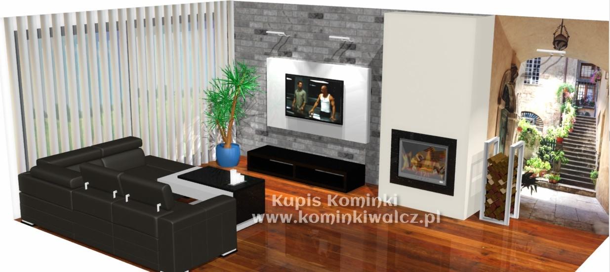 Wizualizacja salonu z kominkiem, czarną sofą i TV na tle ceglanej ściany. Na podłodze drewniany parkiet. Obok kominka dekoracja z motywem schodów.