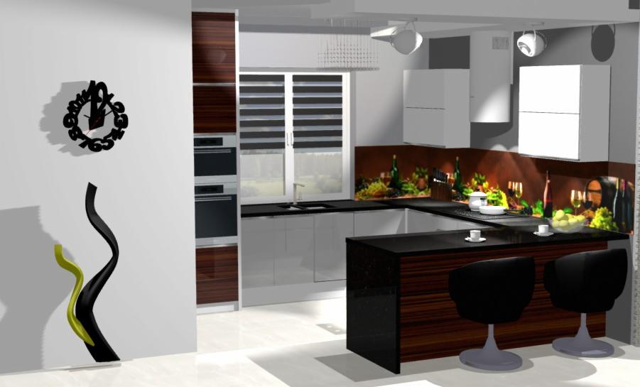 Wizualizacja kuchni na wymiar z wyspą, czarnymi blatami i brązowym fornirem. Na ścianie dekoracyjny zegar i abstrakcyjna rzeźba. Nowoczesne oświetlenie.