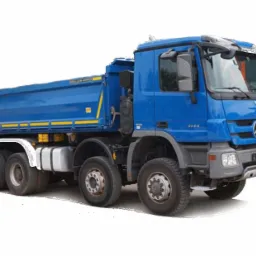 Niebieska, czysta wywrotka Mercedes-Benz Actros 4144 z żółtymi pasami na burcie, widok z boku na białym tle.