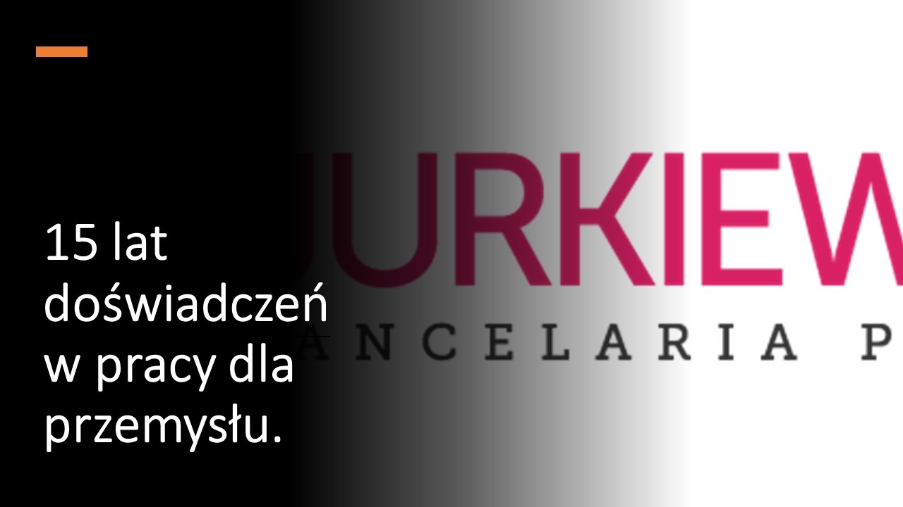 Logo Kancelarii Prawnej Jurkiewicz z 15-letnim doświadczeniem w obsłudze prawnej przemysłu, z gradientem od czerni do bieli.