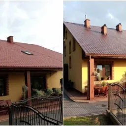 Dwukadrowy widok domu jednorodzinnego z nowym, brązowym dachem z blachodachówki, z drabina opartą o elewację na pierwszym ujęciu i widocznym tarasem z roślinami na drugim ujęciu.