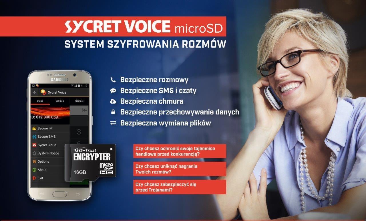 Kobieta w okularach rozmawia przez telefon, obok smartfon z aplikacją szyfrującą i karta microSD z zabezpieczeniami danych.