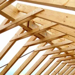 Konstrukcja dachu z jasnego drewna, widok od wewnątrz, elementy połączone śrubami. Widoczne krokwie i płatwie, skąpane w naturalnym świetle.