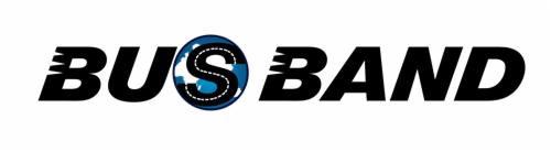 Czarno-białe logo firmy BUS BAND z dynamicznym symbolem drogi w niebieskim okręgu zamiast litery 'S'.