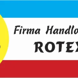 Logo firmy handlowo-usługowej ROTEX-POL z żółtym okręgiem z czarnym napisem B.W. i poziomymi pasami: niebieskim, białym i czerwonym.