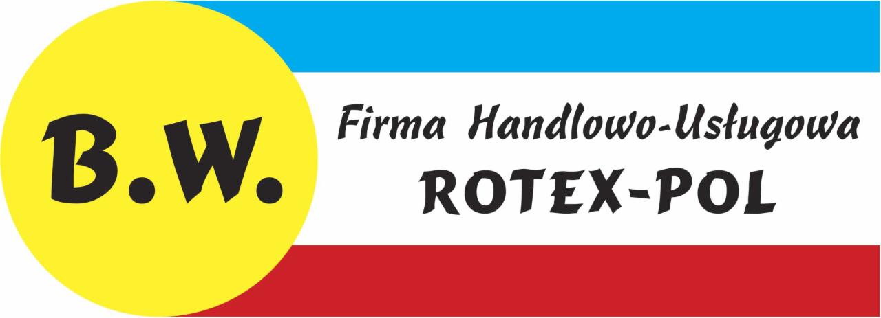 Logo firmy handlowo-usługowej ROTEX-POL z żółtym okręgiem z czarnym napisem B.W. i poziomymi pasami: niebieskim, białym i czerwonym.