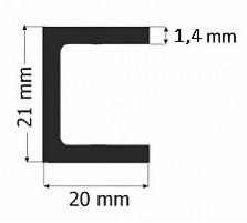 Schemat ceownika stalowego o wymiarach 21x20x1.4 mm, widok z profilu na białym tle.