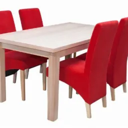 Jasny drewniany stół z czterema krzesłami o czerwonej, tapicerowanej powierzchni i wysokim oparciu, prezentowany na białym tle.