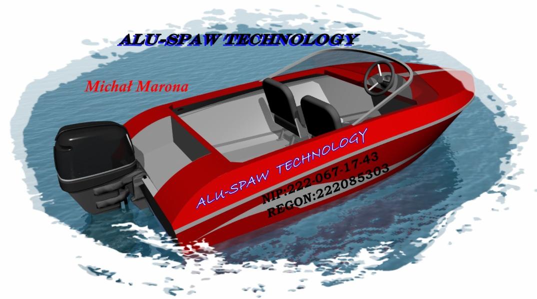 Czerwona łódź motorowa ALU-SPAW TECHNOLOGY z czarnym silnikiem na wodzie. Widoczne dane firmy: NIP i REGON. Grafika 3D.