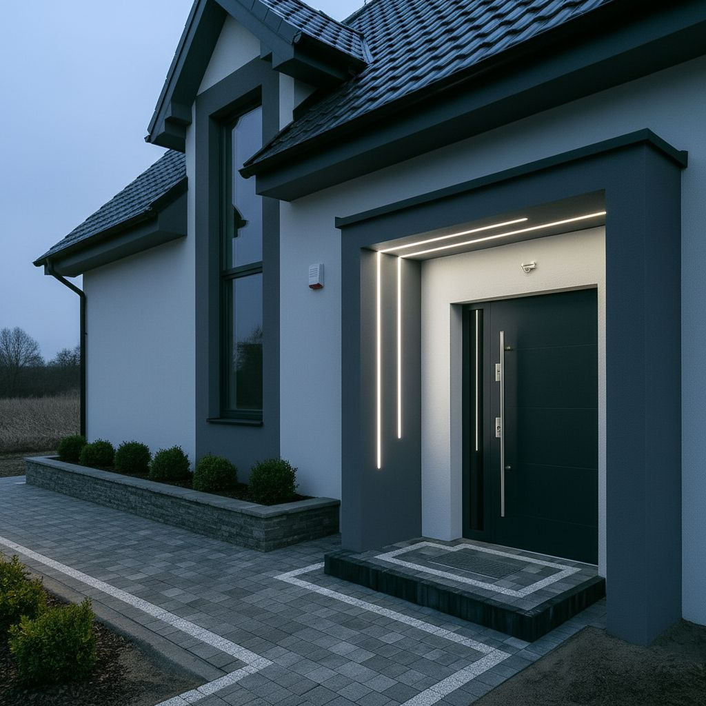 Nowoczesne oświetlenie elewacyjne LED przy wejściu do domu. Dwie pionowe i dwie poziome linie światła podkreślają minimalistyczny design. Szara stolarka okienna i drzwi.