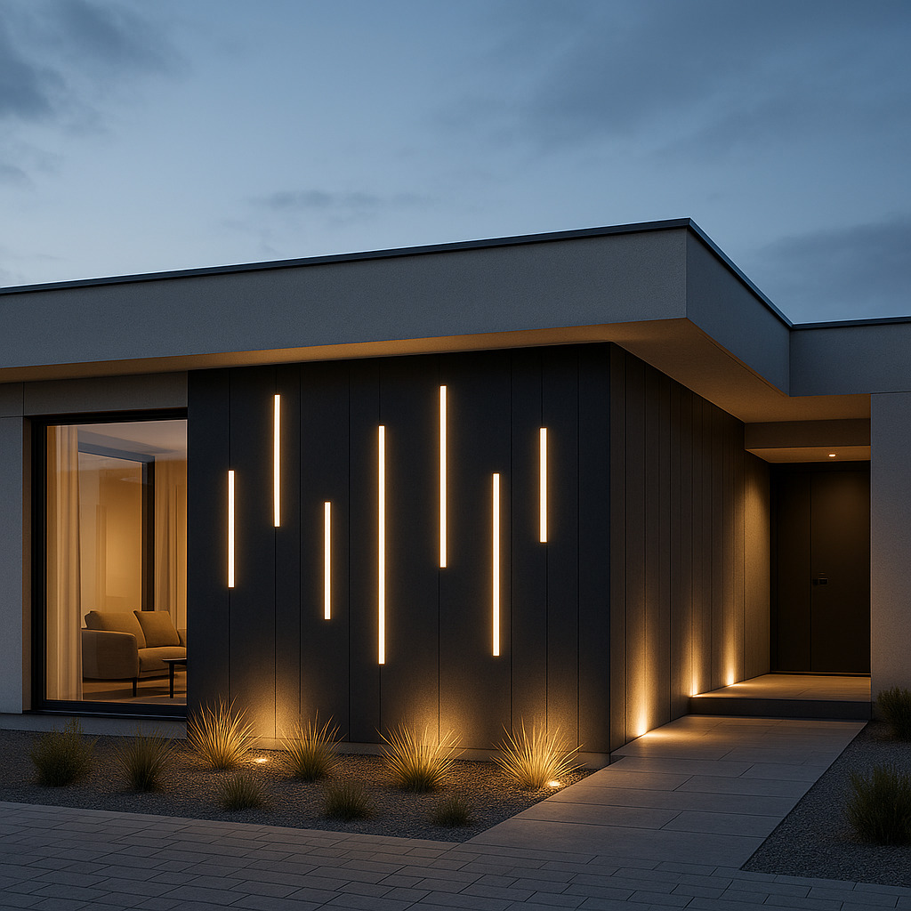 Nowoczesny dom z oświetleniem elewacyjnym: pionowe, ledowe linie na ciemnej fasadzie, podświetlone trawy ozdobne, minimalistyczny design, wieczorny kadr.