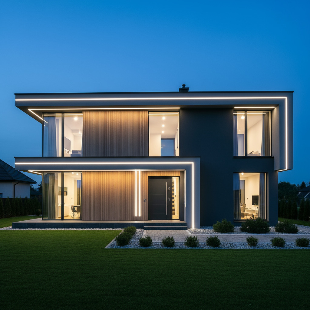 Nowoczesny dom z oświetleniem LED podkreślającym architekturę. Elegancka fasada w odcieniach szarości i drewna, oświetlona listwami LED. Widok z zadbanego trawnika.