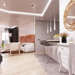 Eleganckie wnętrze apartamentu z otwartą przestrzenią salonu i kuchni, z białymi meblami, drewnianą podłogą i dekoracyjnym lustrem na ścianie.