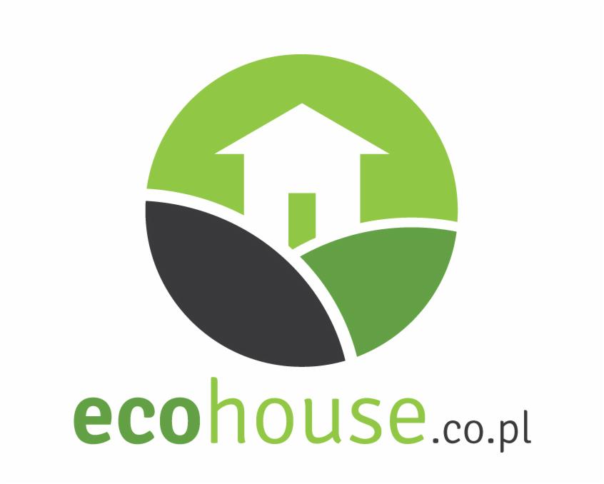 Logo firmy Ecohouse.co.pl: stylizowany biały dom w zielonym okręgu z elementami krajobrazu w odcieniach zieleni i szarości. Nazwa firmy zapisana zielonym fontem.